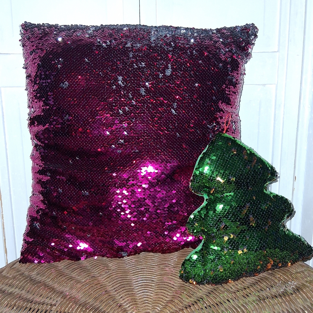 Reversible Sequin Pillow and Tree Ornament Set - Pink and Green